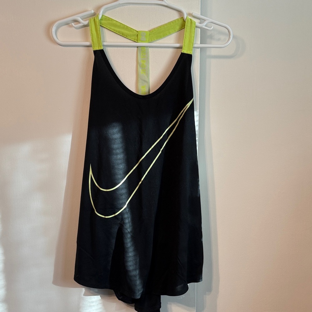 Nike Women's Black and Neon Yellow Tank Top